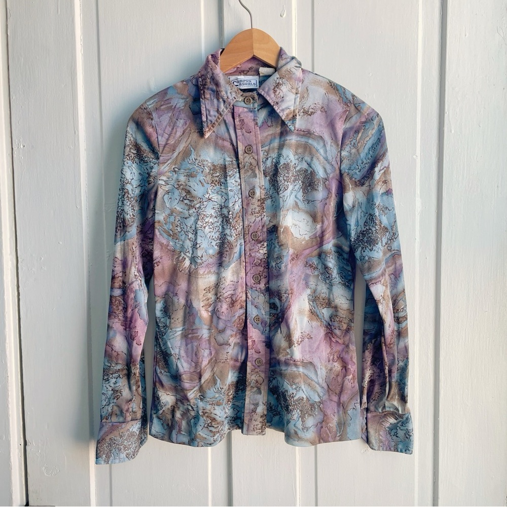 Vintage 70s Campus Casuals Groovy Dagger Collar Abstract Watercolor Disco Top